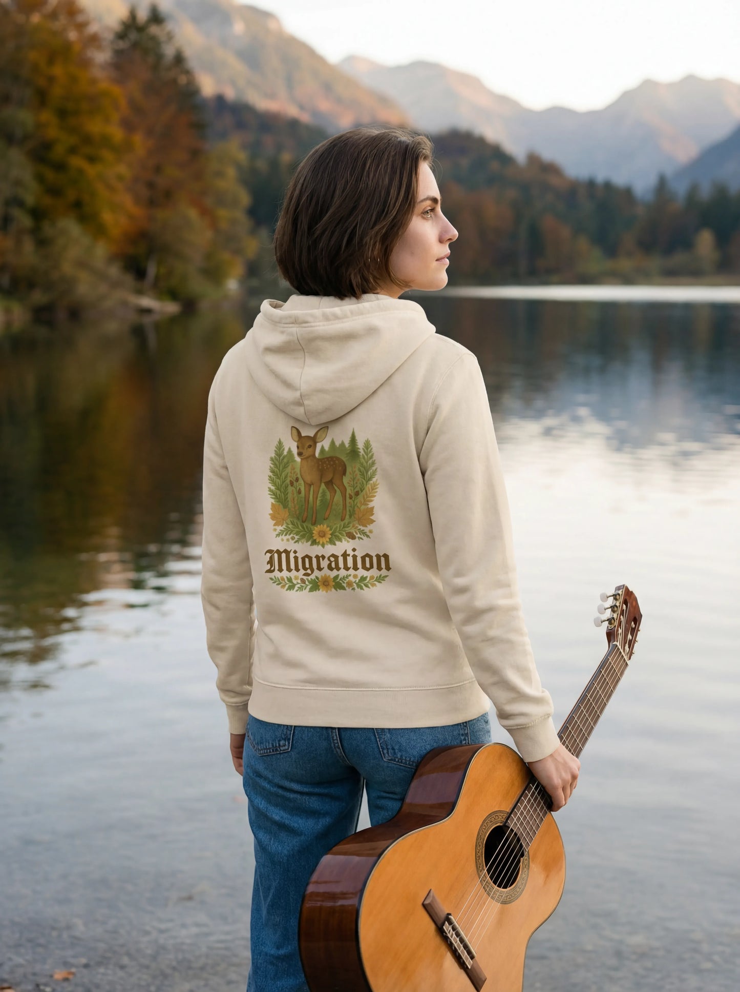 Rehmigration Frauen Hoodie beige Druck hinten